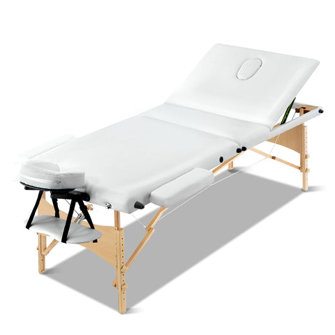 Massage Table 70Cm Portable 3 Fold Wooden Beauty Bed White