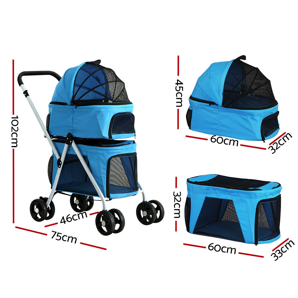 Pet Stroller Dog Pram Large Cat Carrier Travel Foldable 4 Wheels Double