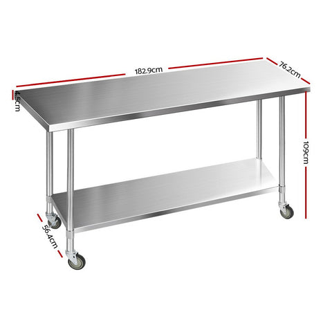 1829X760Mm Stainless Steel Kitchen Bench With Wheels