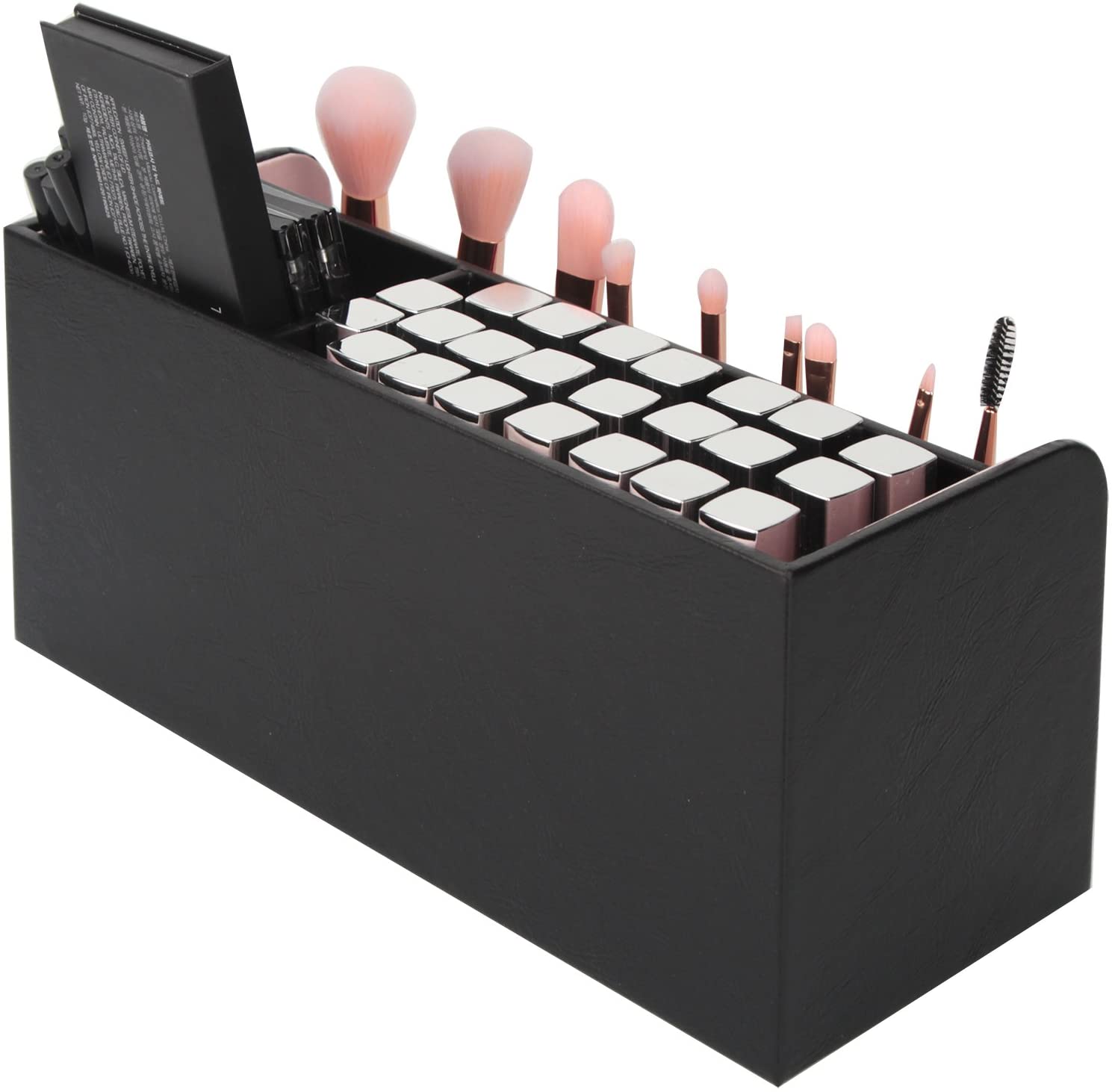 Leather Makeup Brush Organizer With Acrylic Cover And Pink Pearls (Black)