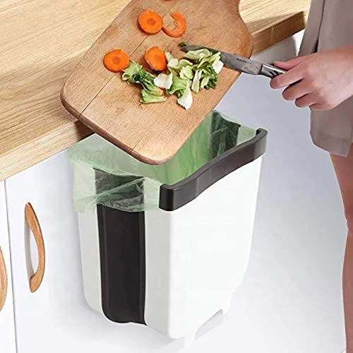 Hanging Trash Can Collapsible Small Bin For Kitchen Cabinet Door (White)