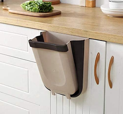 Hanging Trash Can Collapsible Small Bin For Kitchen Cabinet Door (Beige)
