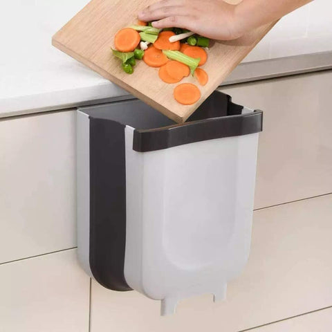 Hanging Trash Can Collapsible Small Garbage Waste Bin for Kitchen Cabinet Door Grey