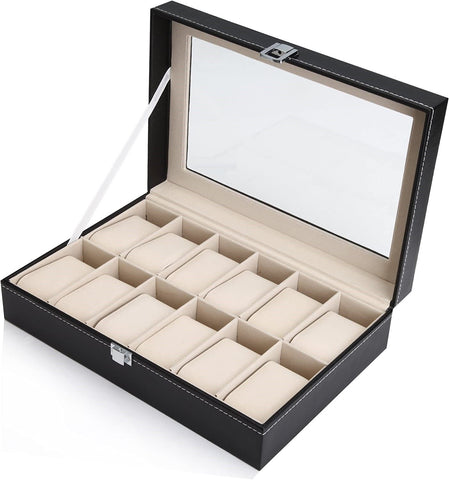 Black Pu Leather Watch Organizer Display Storage Box Cases (12 Slots)