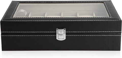 Black Pu Leather Watch Organizer Display Storage Box Cases (12 Slots)