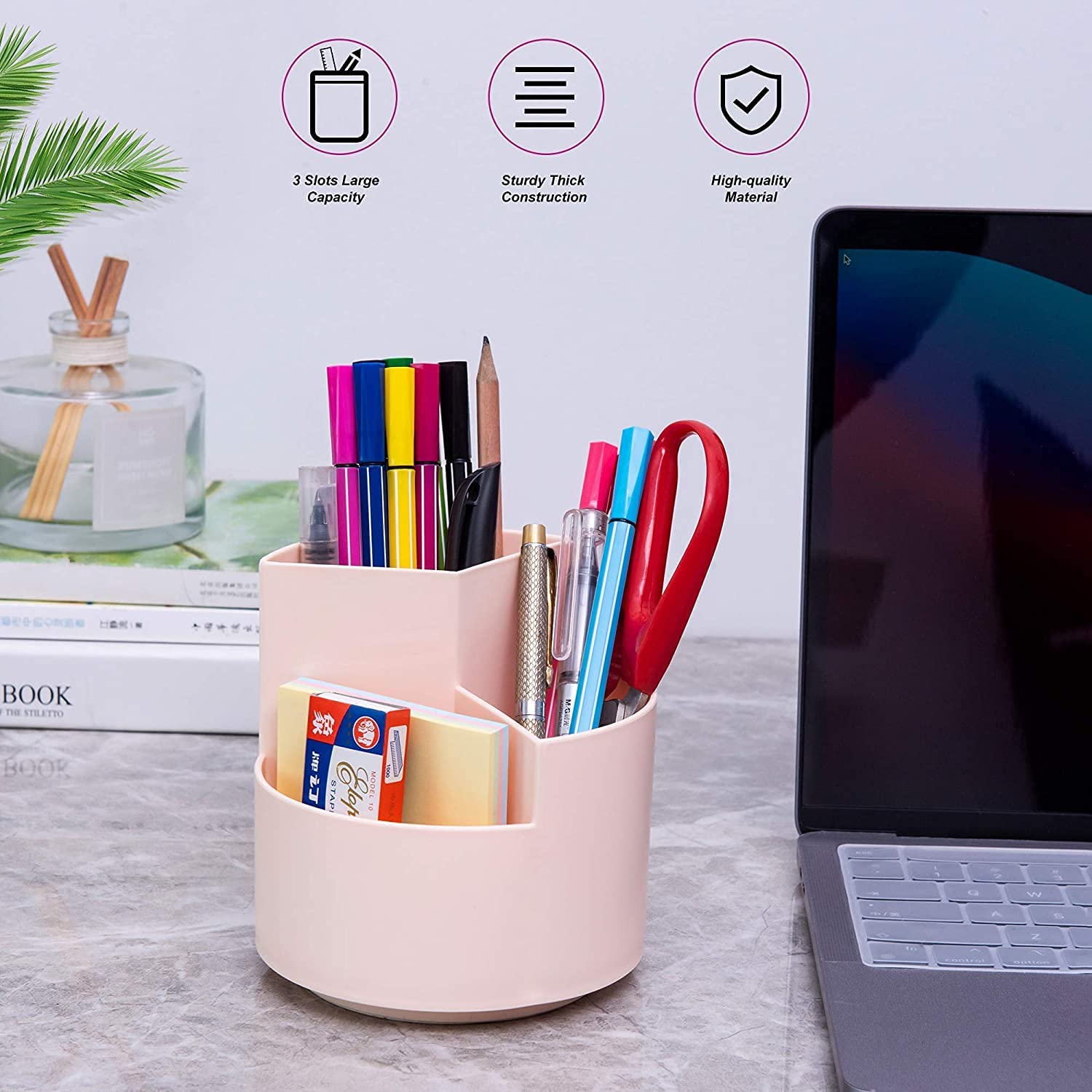 Pink 360° Rotating Pen Holder With 3 Layers For Desk Organization