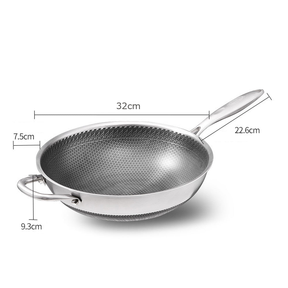 Non-Stick Stir Fry Cooking Kitchen Wok Pan With Lid Honeycomb Double Sided