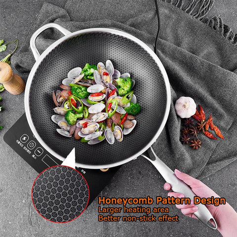 Stainless Steel 34Cm Non-Stick Stir Fry Cooking Wok Pan With Lid Double Sided