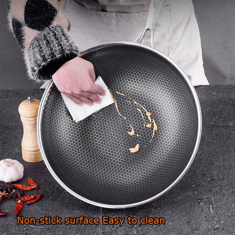 34Cm Stainless Steel Non-Stick Stir Fry Cooking Kitchen Honeycomb Wok Pan With Lid