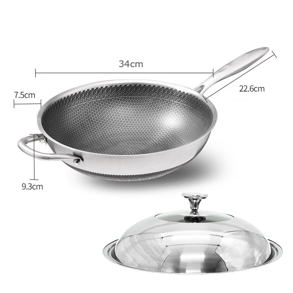 34Cm Stainless Steel Non-Stick Stir Fry Cooking Wok Pan Without Lid Honeycomb Double Sided