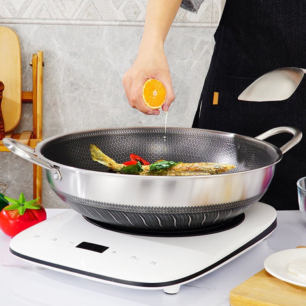 Double Ear Stainless Steel 38Cm Non-Stick With Lid Honeycomb Double Sided