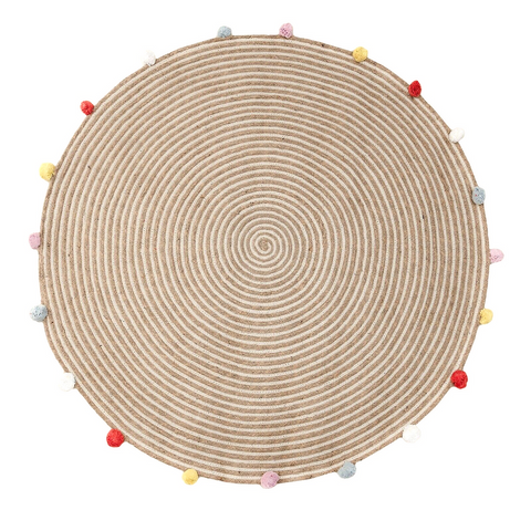 Boho Chic Round Pompom Rug: Jute Cotton Blend in Multicolour - 120 cm