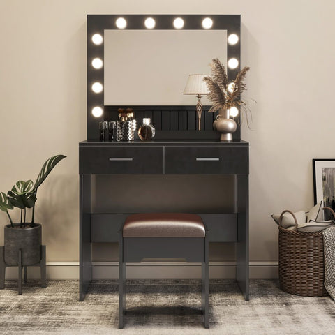 Vanity Set With Cushioned Stool And Lighted Mirror- Black