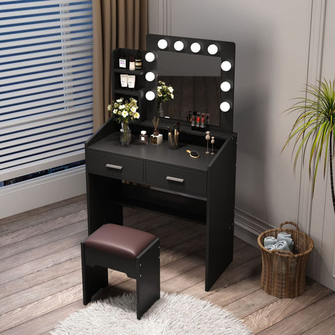 Vanity Set With Shelves Cushioned Stool And Lighted Mirror- Black