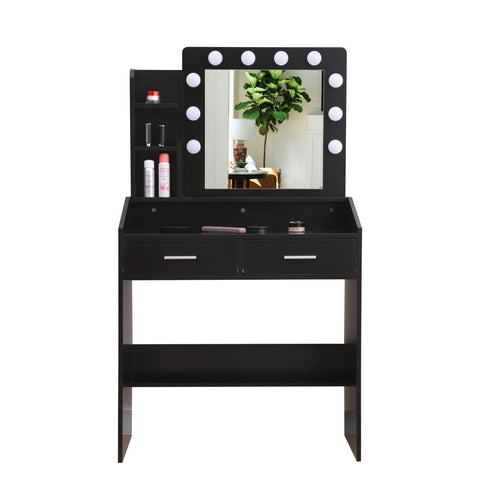 Vanity Set With Shelves Cushioned Stool And Lighted Mirror- Black