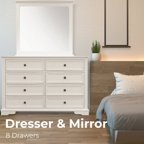 Dresser Mirror 8 Chest Of Drawers Bedroom Timber Storage Cabinet - White