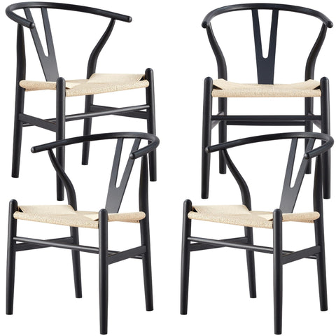Set Of 4 Wishbone Dining Chair Beech Timber Replica Hans Wenger - Black