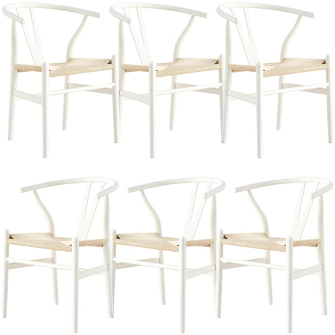 Set Of 6 Wishbone Dining Chair Beech Timber Replica Hans Wenger - White