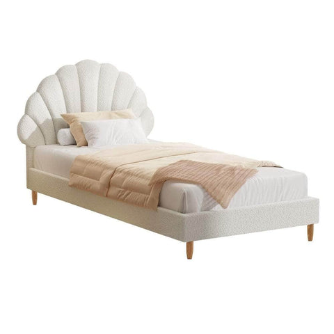 Bed Frame Single Size Scallop-Shape Bedhead White Boucle