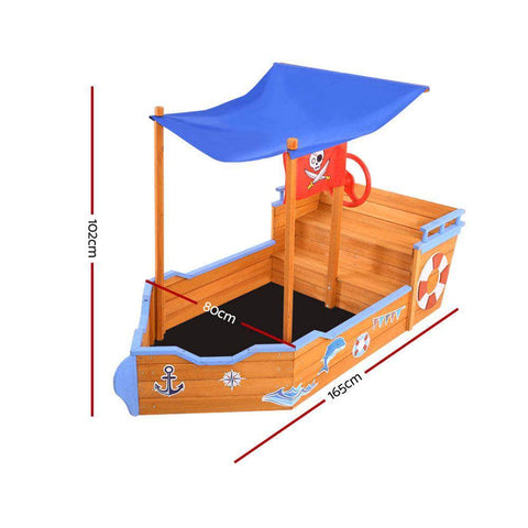 Kids Wooden Boat Sandpit With Canopy & Bench 165Cm