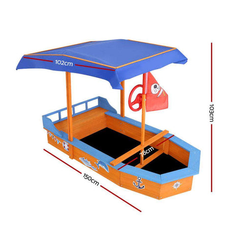 Kids Wooden Boat Sandpit With Canopy & Bench