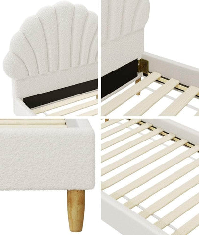 Boucle Bed Frame with Ottoman Set Scallop Shaped Sherpa Bedhead Single