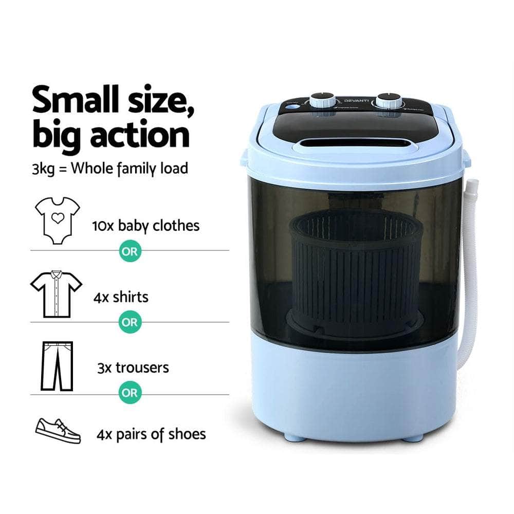 Devanti 3KG Mini Portable Washing Machine Shoes Wash Top Load Spin Camp Caravan