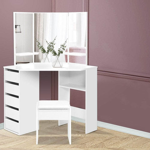 Dressing Table Stool Set Corner 5 Drawers White