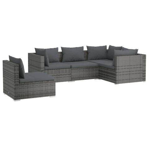 Grey Rattan Retreat: 5-Piece Garden Lounge Set with Plush Cushions