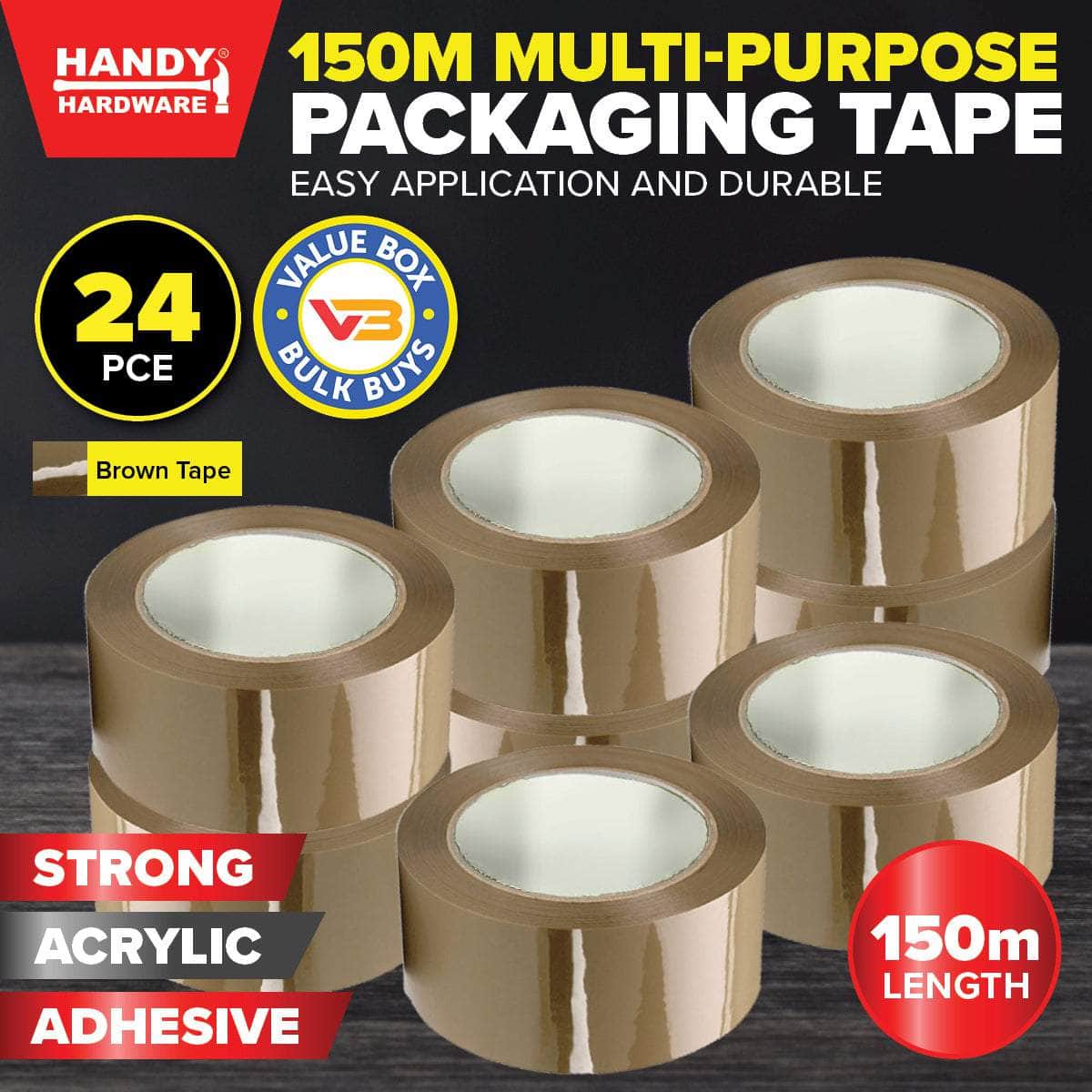 Handy Hardware 24Pce Packaging Tape Brown Multipurpose Extra Wide 150M X 70Mm