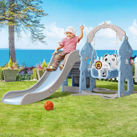 Kids 170Cm Slide And Swing Set Playground Basketball Hoop Ring Outdoor Toys Blue
