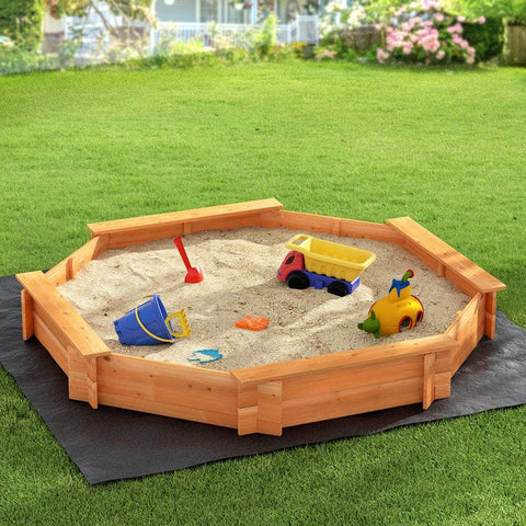 Kids Sandpit Wooden Round Sand Pit With Cover Bench Seat Beach Toys 182Cm