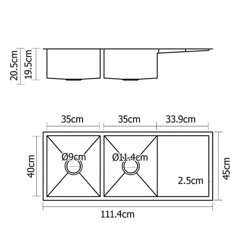 Kitchen Sink 111X45Cm Stainless Steel Basin Double Bowl Laundry Silver