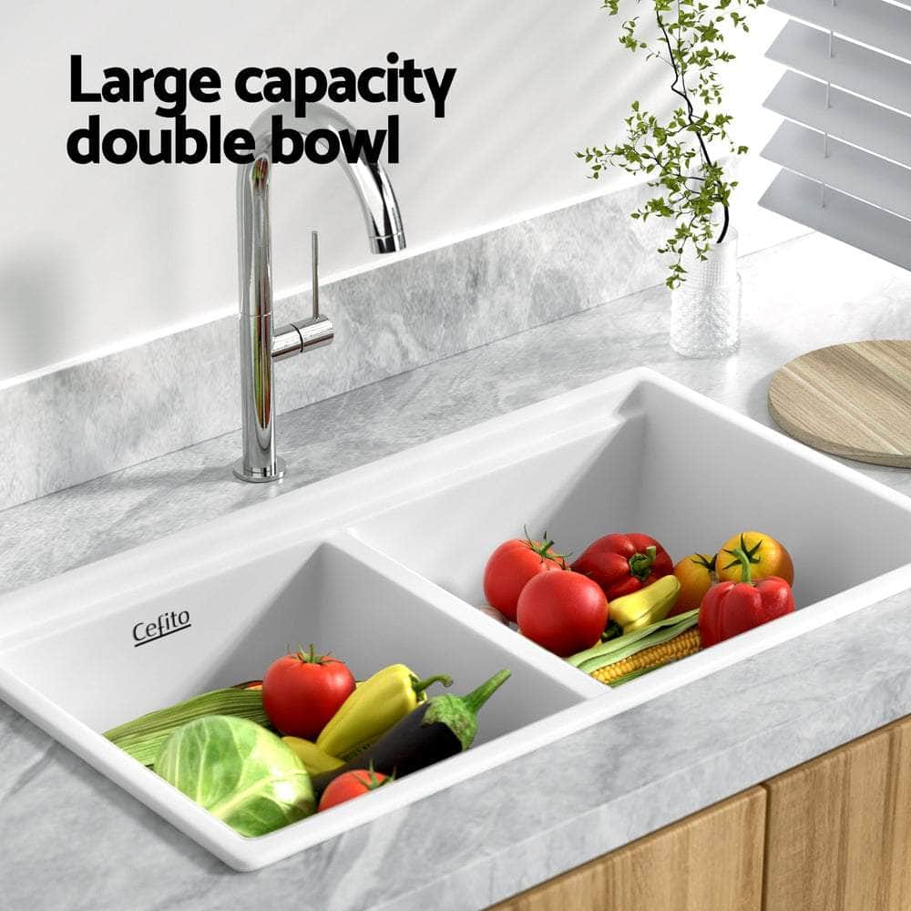 Kitchen Sink Stone Sink Granite Laundry Basin Double Bowl 79cmx46cm White