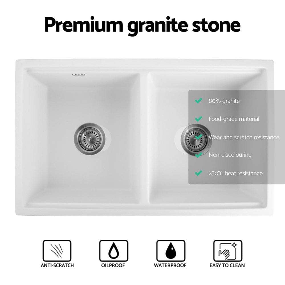 Kitchen Sink Stone Sink Granite Laundry Basin Double Bowl 79cmx46cm White