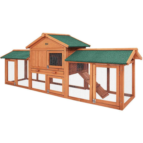 Chicken Coop Rabbit Hutch 220cm x 44cm x 84cm Large Run Wooden Outdoor Cage House