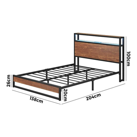 Metal Bed Frame Double King Queen Size LED Storage Headboard USB Charge