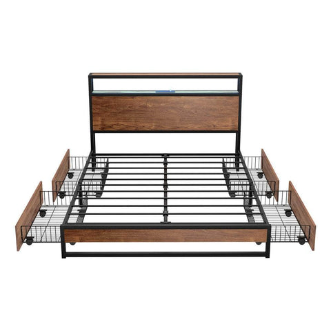 Metal Bed Frame King Queen Double LED Storage USB Charging & 4 Drawers