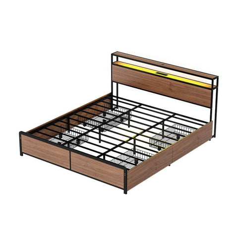 Metal Bed Frame with 2-Tier Storage Headboard