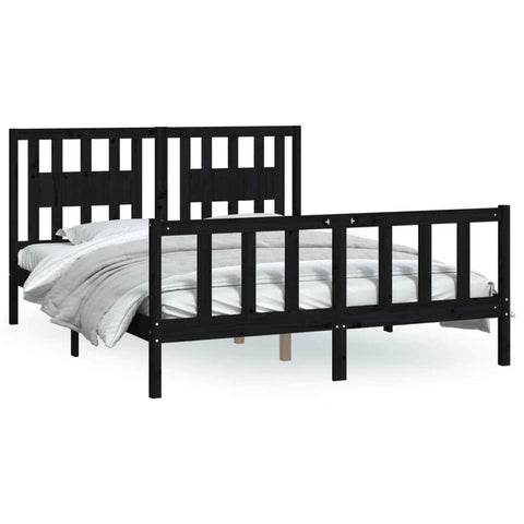 Midnight Majesty: Black Solid Wood Pine Queen Size Bed Frame with Headboard