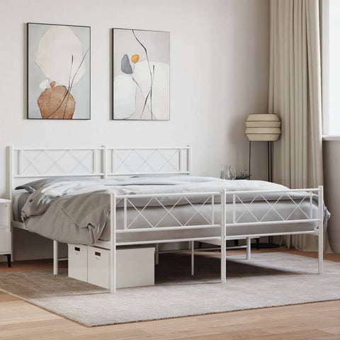 Modern Tranquility: White Metal Bed Frame with Headboard Queen Size