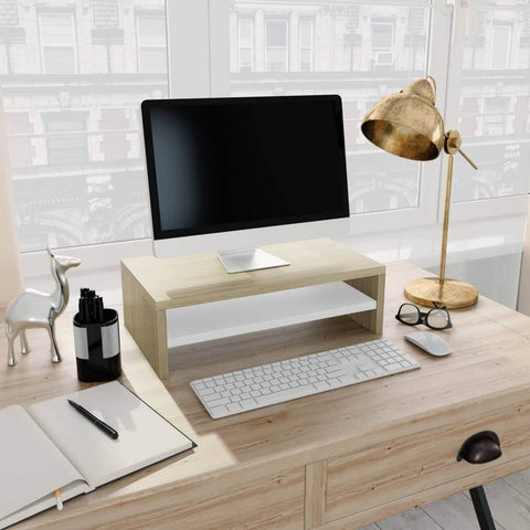 Monitor Stand White and Sonoma Oak Chipboard