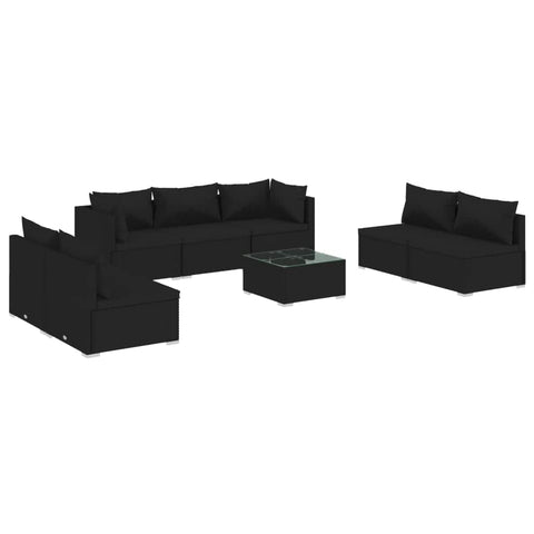 Noir Rattan Haven: 8-Piece Black Poly Rattan Garden Lounge Set with Plush Cushions