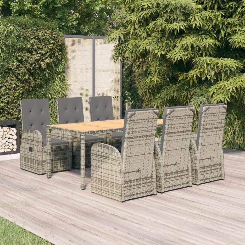 Outdoor Dining Delight: 7-Piece Grey Rattan Cushioned Set