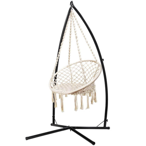 Hammock Chair With Steel Stand Macrame Outdoor Swinging Cream