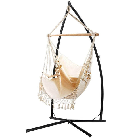 Hammock Chair With Steel Stand Hanging Outdoor Tassel Cream