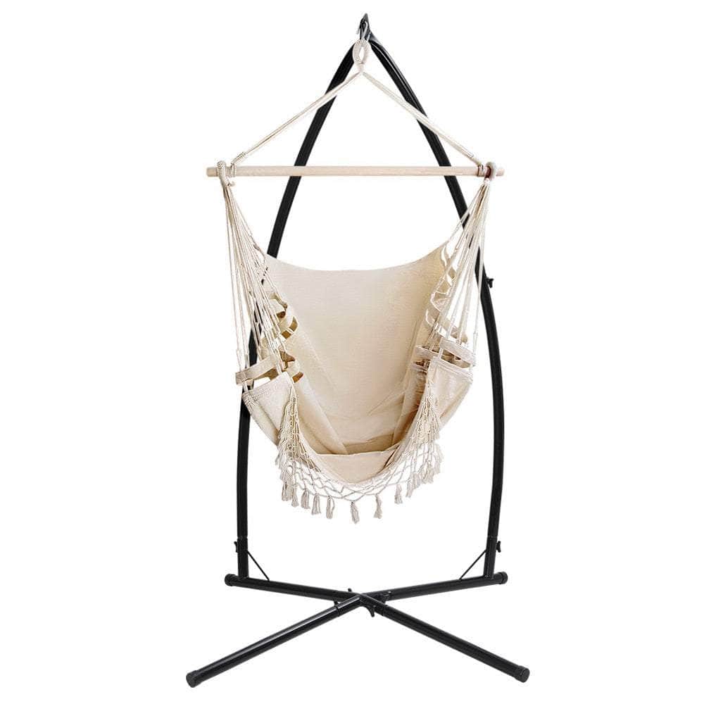Outdoor Hammock Chair with Steel Stand Tassel Hanging Rope Hammock Cream