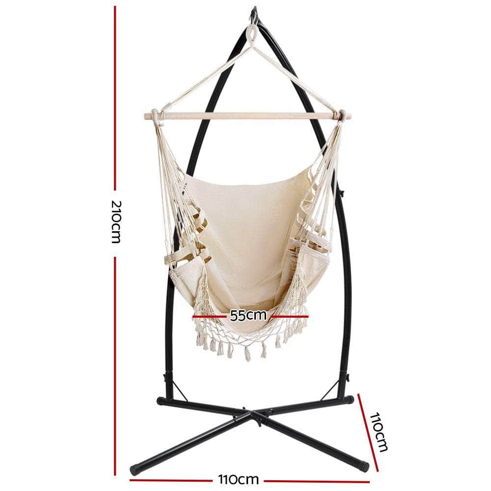 Outdoor Hammock Chair with Steel Stand Tassel Hanging Rope Hammock Cream