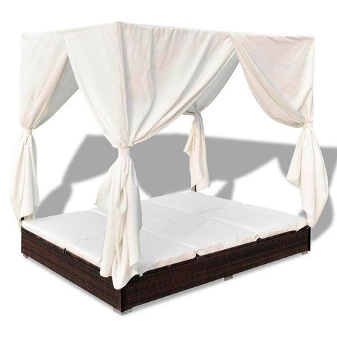 Outdoor Lounge Bed with Curtains Poly Rattan Brown