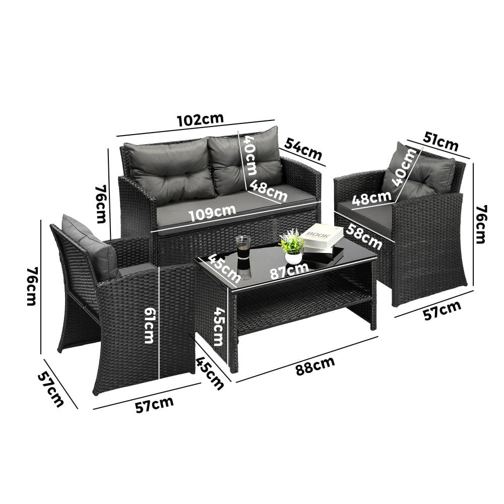 Outdoor Lounge Setting with a 4-Piece Wicker Sofa Chair Table Patio Set-Black\Grey